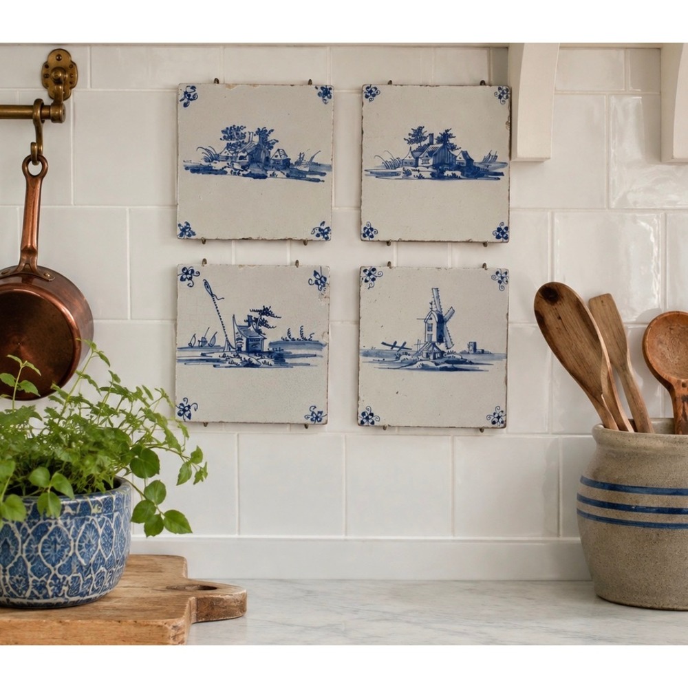 Antique Delft Tiles Hand Painted Blue White Dutch Windmill Landscape Set of 4.